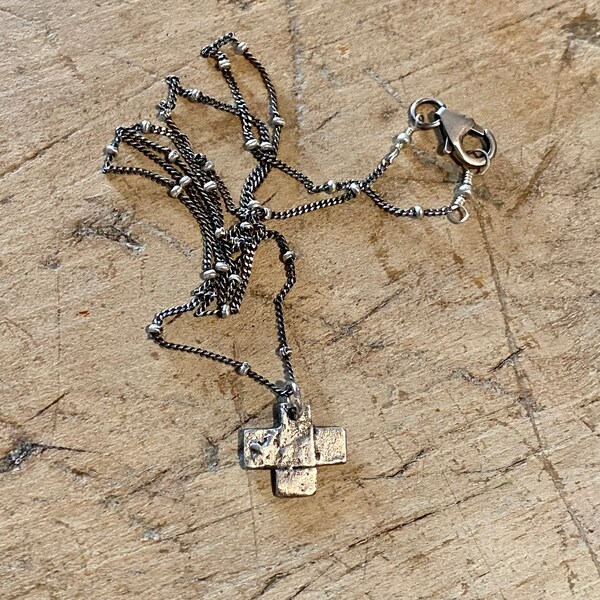 Tiny Rustic Silver Cross, Silver Satellite Chain, Primitive Small Cross, Ancient Pagan Symbol