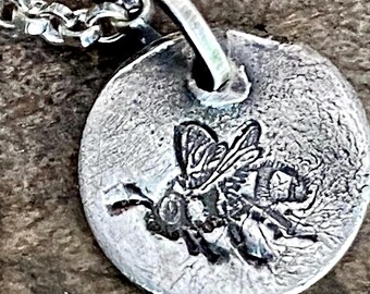 Silver Bee Charm, Hand Imprinted Honeybee Totem, Design Your Own Necklace, Personalized Recycled Silver Jewelry