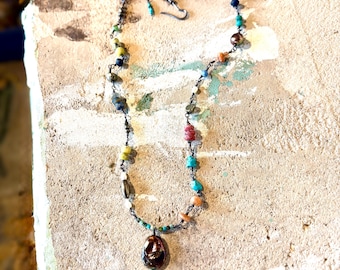 Multi Colored Stones and Pearls Necklace, Sterling Silver Wire Wraps, Sundance Style Jewelry, One of a Kind by Cody Sanantonio
