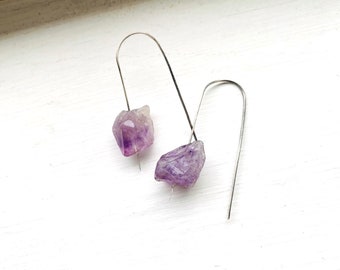 Long Amethyst Sterling Silver Earrings, Raw Amethyst Nugget Earrings, Rough Amethyst Threaders, Handforged Artisan Earrings, OOAK