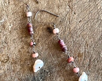 Pink Gemstone and Pearl Earrings, Boho Wire Wrapped Dangles, Raw Rubies and Pearl Earrings, Long Oxidized Silver Dangle Earrings