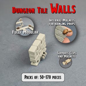 May include: A light beige dungeon tile wall section with the text "DUNGEON TILE WALLS". The image shows the modular design, internal magnets for hanging props, and support for clips and magnets. The text "PACKS OF: 50-170 PIECES" is also visible.