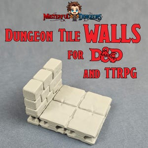 May include: Off-white dungeon tile walls for D&D and TTRPG. The tiles are arranged to form a corner, with the text "Dungeon Tile Walls for D&D and TTRPG" in red. The product is designed for tabletop role-playing games.