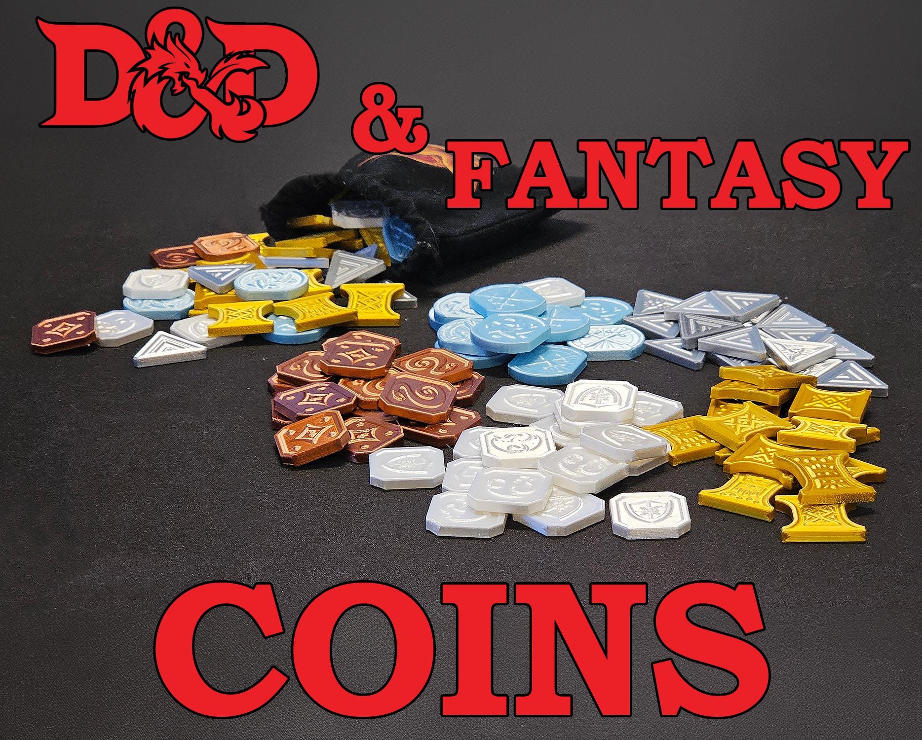 Fantasy RPG Currency Coins - 3D Printed D&D Inspired Game Tokens in Authentic or Fantasy Style: Gold, Silver, Copper, Electrum, Platinum