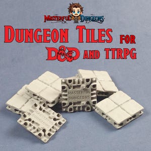 Puede incluir: Baldosas de mazmorra grises para juegos de rol de mesa. Las baldosas son cuadradas y tienen una superficie texturizada, con las palabras "Masterful Dungeons" impresas en algunas. La imagen también presenta el texto "Dungeon Tiles for D&D and TTRPG".