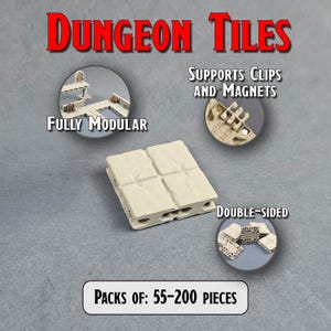 Peut inclure: Tuiles de donjon blanc cassé avec le texte "DUNGEON TILES" en rouge. Les tuiles sont entièrement modulaires et recto-verso, supportant des clips et des aimants. L'image montre également des paquets de 55 à 200 pièces.