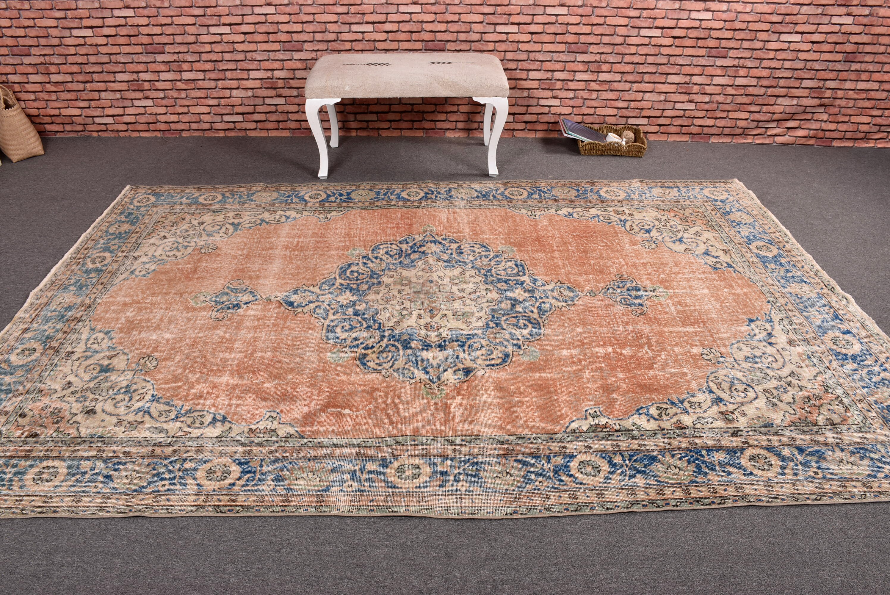 ヴィンテージラグ、7x10インチの大型ラグ、トルコラグ、色褪せた