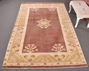 Tappeto turco, 6,1x9,2 piedi, vintage, con motivo di piante e alberi marroni, in lana.