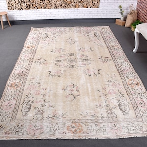 Vintage Rug, Turkish Rug, 6x9 Large Rugs, Muted Oushak Rug, Rugs For Dining Room, 5.5x8.6 ft Beige Rug, Wool Rugs, Large Turkish Rug,