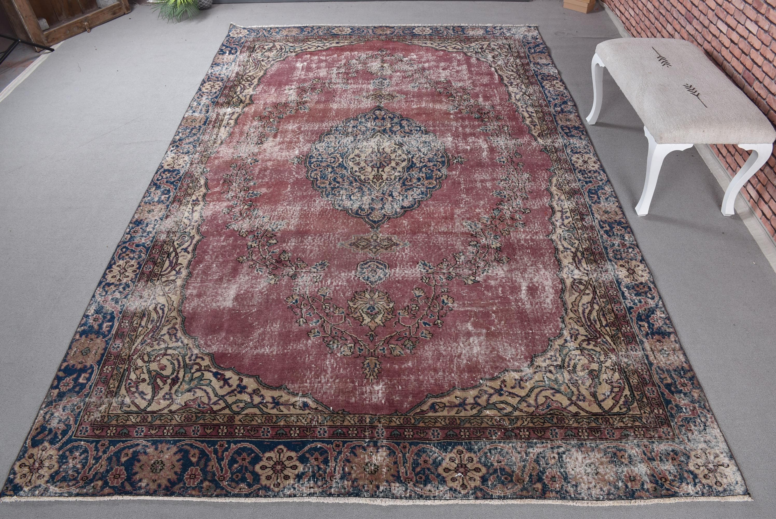 Vintage 7.4x11.7 Ft Rug, Oversize Turkish Rug, Red Blue