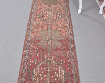 Turkish Vintage Rug, 2.3x13.2 ft Runner Rug, Red Blue Ombré Rug