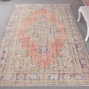 Vintage Rug, 6x10 Large Rug, Turkish Rug, Faded Anatolian Rug, Rugs For Salon, 6.5x10.1 ft Red Rug, Antique Wool Rug, Tribal Turkish Rug,