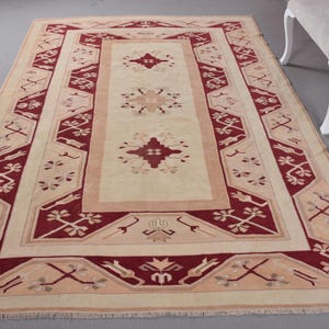 Vintage Rug, Turkish Rug, Large Rug, Antique Rug, Rugs For Dining Room, 6.3x9 ft Beige Rug, Hand-Knotted Wool Area Rug, Large Oushak Rug