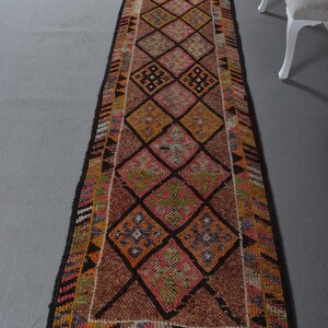 Turkish Herki Rug 2.8x12.7 ft, Brown Red Patchwork Wool Vintage Rug