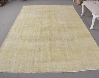 Vintage Rug, Turkish Rug, 7x10 Large Rugs, Muted Oushak Rug, Rugs For Dining Room, 6.4x9.7 ft Yellow Rug, Antique Wool Rug, Vintage Decor,