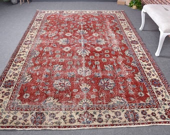 Vintage Rug, Turkish Rug, 7x10 Large Rugs, Anatolian Rug, Rugs For Living Room, 6.6x9.4 ft Red Rug, Colorful Wool Rug, Floral Oushak Rug,