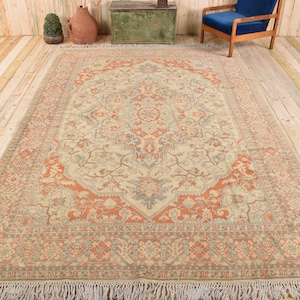 Alfombra turca extragrande de 2,4 x 3,7 metros, alfombra de patchwork naranja y gris de lana.