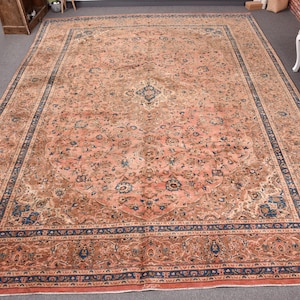 Tappeto vintage, tappeto turco di grandi dimensioni (2,9 x 4 metri), tappeto in lana patchwork marrone e blu