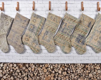 Vintage Kilim Christmas Stocking, Handmade Christmas Stocking, Kilim Stocking, Christmas Stocking Set, Knit Christmas Stocking