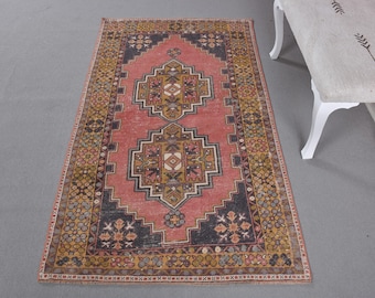 Turkish 3.4x6.2 ft Rug, Accent Vintage Rug, Red Brown Bordered Rug