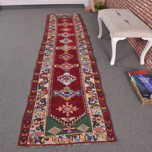 3x11 Runner Rug, Vintage Turkish Rug, Tribal Hallway Rug, Red Herki Rug, 78x327cm Carpet, Rustic Decor Rug
