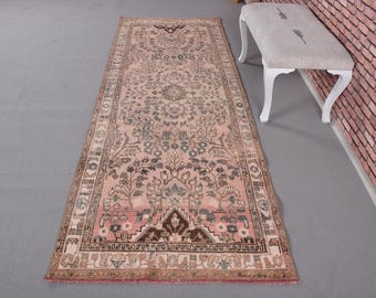 3.3x9.4 ft Vintage Runner Rug, Brown Blue Turkish Wool Rug