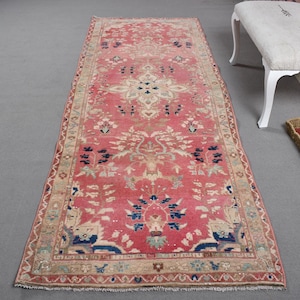 Vintage Turkish Runner Rug, 103x280cm Pink Wool Rug, 3x9ft Hallway Rug, Handmade Anatolian Carpet, Elegant Living Room Decor