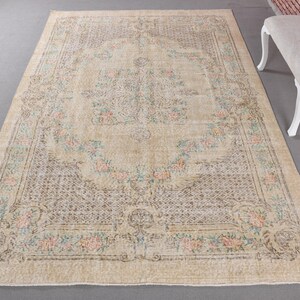 Vintage Rug, 6x10 Large Rug, Turkish Rug, Muted Oushak Rug, Rugs For Bedroom, 6.4x10 ft Beige Rug, Antique Wool Rug, Turkish Salon Rug,