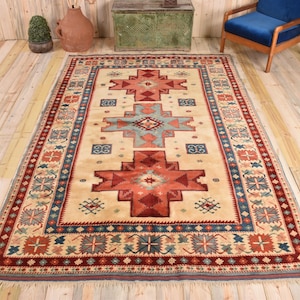Vintage Rug, Large Rug, Turkish Rug, Anatolian Dowry Rug, Rugs For Dining Room, 6.3x9.4 ft Beige Rug, Turkish Rug With Geometric Patterns,
