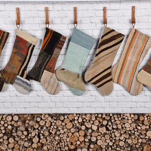 Holiday Socks, Lovely Traditional Kilim Stocking, 7x17 Inches - Handcrafted Rug Stocking, Vintage Rug Christmas Stocking, Christmas Stocking