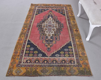 Turkish Vintage Area Rug 4x7 ft, Red Blue Southwestern Wool Rug