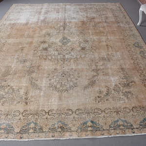 Vintage Turkish Area Rug, Distressed Beige and Blue Design, Elegant 10x12ft, Floral Motifs, Antique Style, Living Room Decor