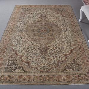 Vintage Rug, Turkish Rug, 6x9 Large Rug, Floral Rug, Rugs For Living Room, 6.4x9.3 ft Brown Rug, Vintage Oushak Wool Rug, Large Kayseri Rug,