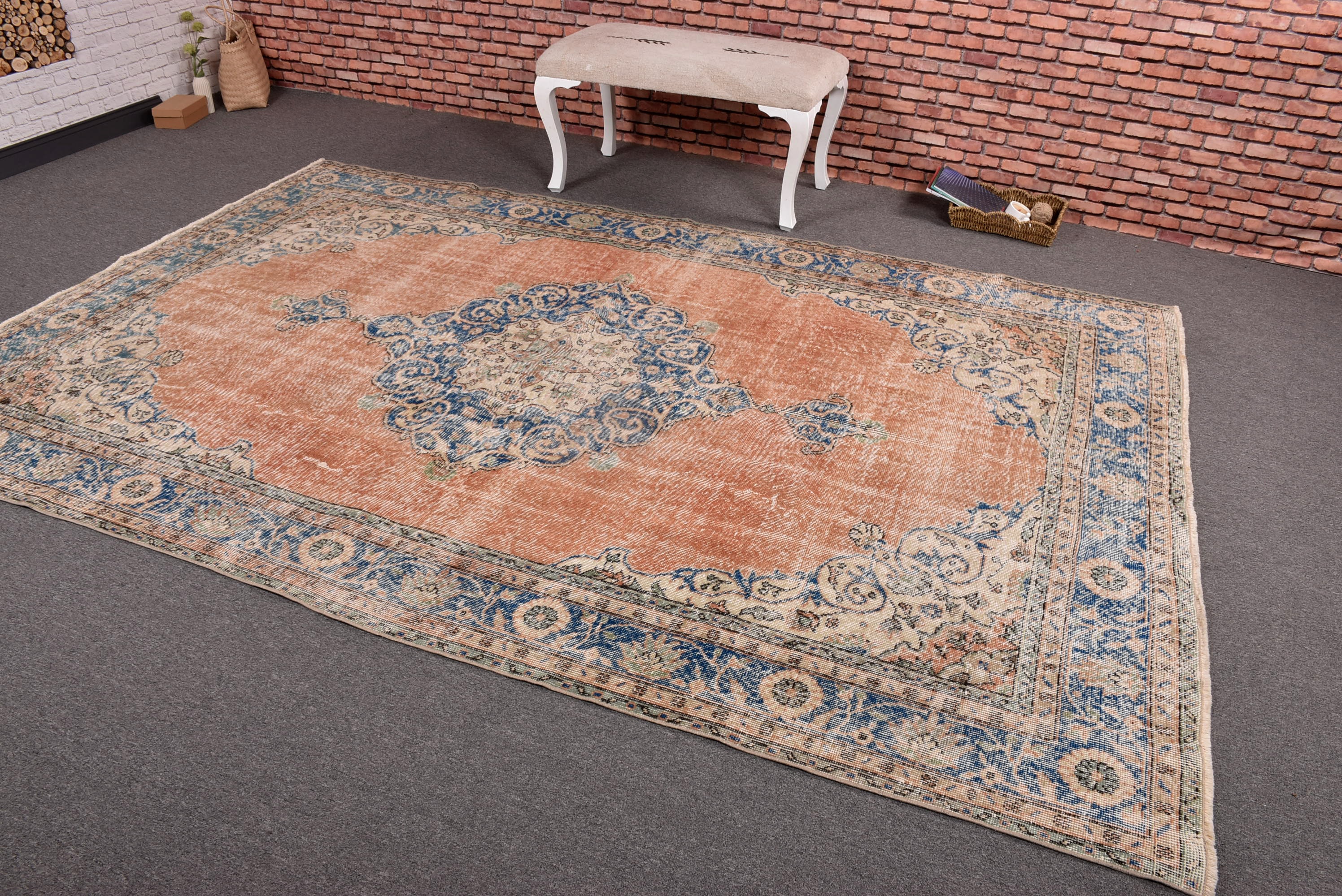 ヴィンテージラグ、7x10インチの大型ラグ、トルコラグ、色褪せた