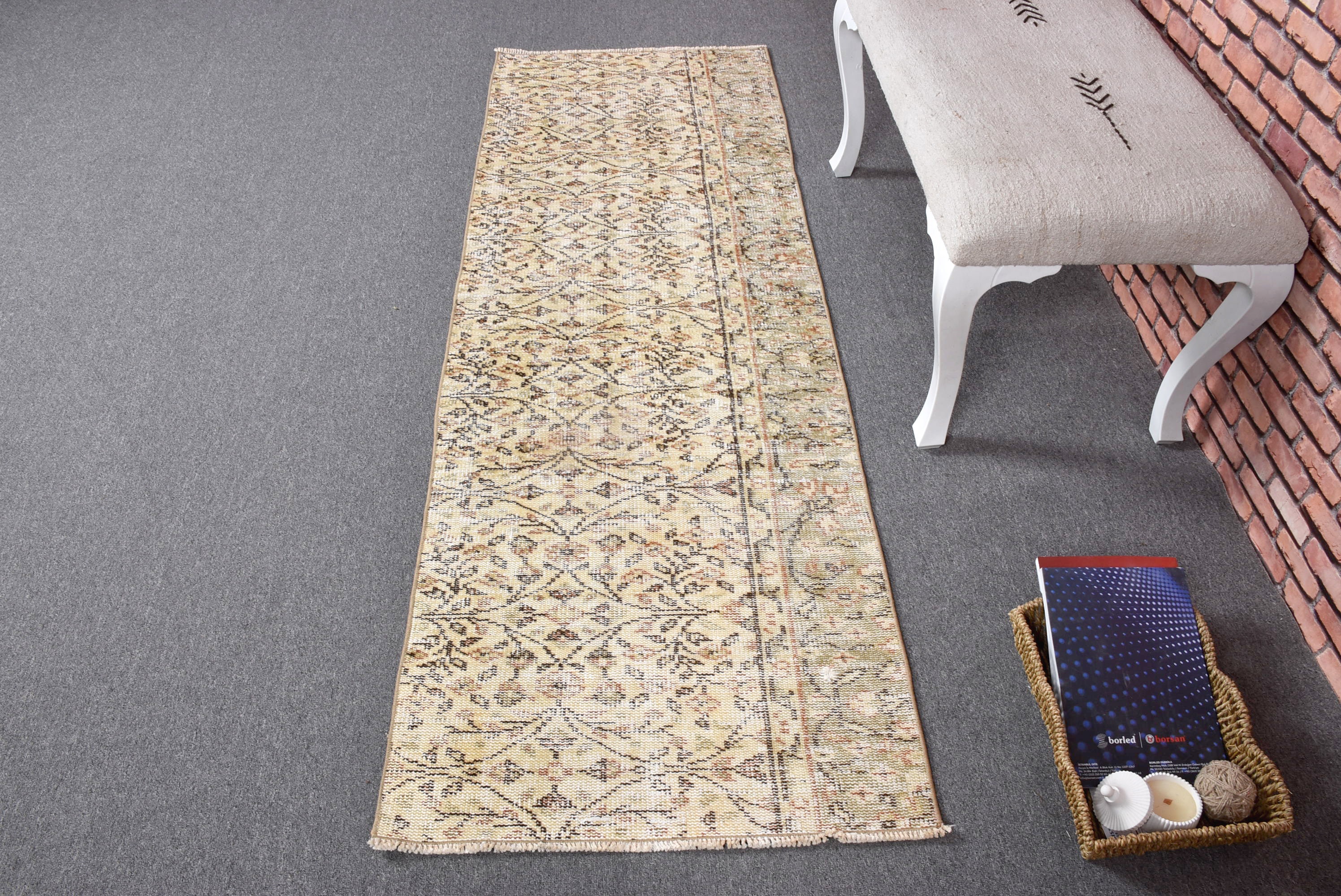 ベージュ　ヴィンテージラグ　トルコラグ トルコラグ、3x7ランナーラグ、ヴィンテージラグ、アンティークラグ