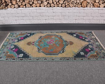 Tapis Oushak turc petit format 55 x 112 cm (1,8 x 3,7 pi), tapis vintage à motifs floraux bleus