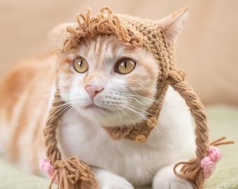 Artisan Cat Bonnet Cute Brown Hat with Tassled Braids for Cats and Small Dogs Handmade Crochet Soft Photo Prop Unique Kitten Accessory Gift