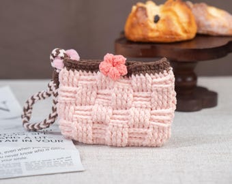 Artisan Pink Coin Purse Handmade Crochet Floral Mini Pouch with Pearl Closure Cute Trinket Bag Soft Yarn Jewelry Case Unique Accessory Gift