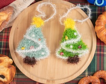 Hand-Crocheted Forest Duo Plush Moss Green & Frosted Ivory Miniature Trees Textural Soft Decor Seasonal Home Accents Boutique Fiber Art Gift