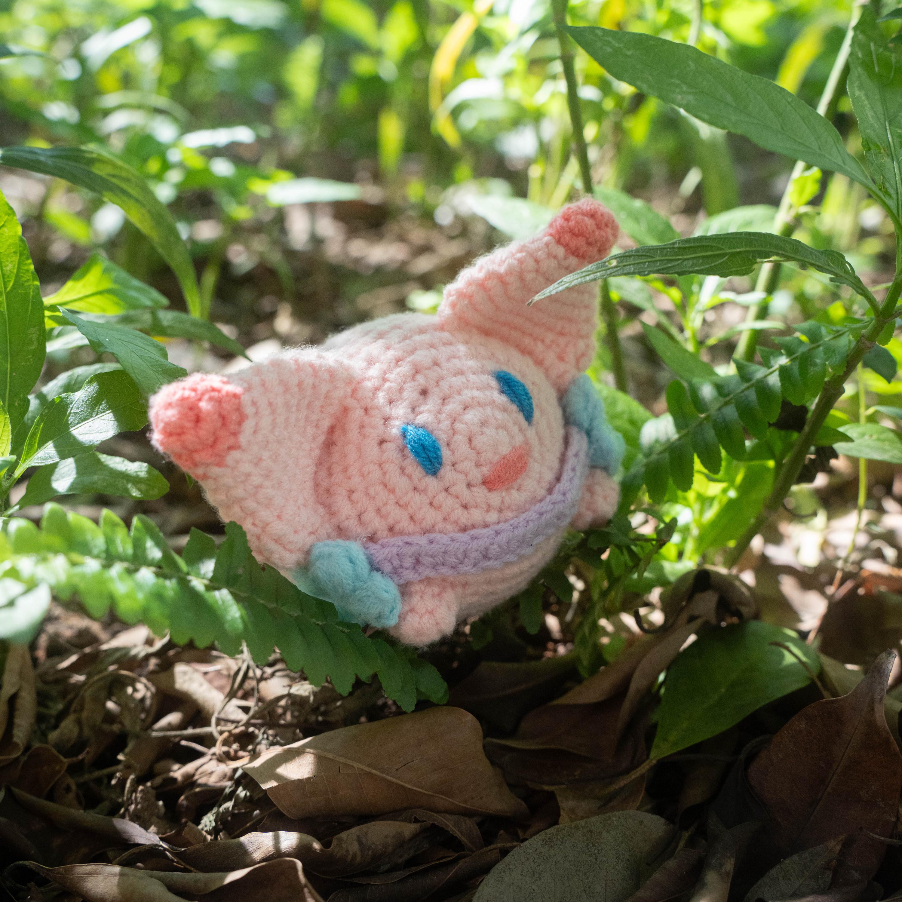 Crochet Pink Pipi Plushie With Purple Sea Monster Hat Amigurumi
