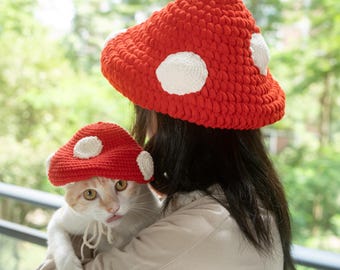 Red Mushroom Hat Set for Human and Cat Matching Pet Apparel Soft Velvet Toadstool Bonnet Cottagecore Handmade Crochet Photo Prop Unique Gift
