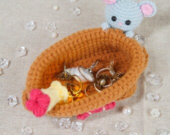 Crochet Coffee Brown Trinket Basket Miniature Handwoven Rustic Storage Bowl Shabby Desk Organizer Cozy Cottagecore Decor Artisan Catchall