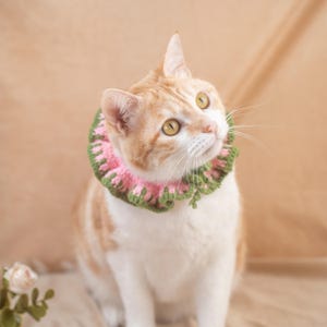 May include: A ginger and white cat wearing a handmade crochet collar. The collar features a pink and green watermelon design. The cat is looking up with its yellow eyes. The background is a neutral beige color.