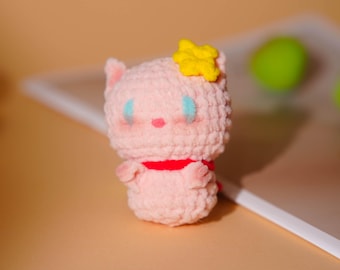 Cat Plushie Cute Pink Kitten Figurine with Flower Soft Amigurumi Artisan Handmade Crochet Collectible Unique Nursery Decor Heartfelt Gift