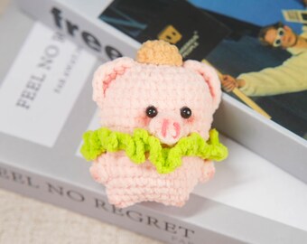 Pink Piggy Plushie Adorable Floral Piglet Figurine Soft Animal Amigurumi Unique Artisan Year of Pig Gift Kawaii Handmade Crochet Home Decor