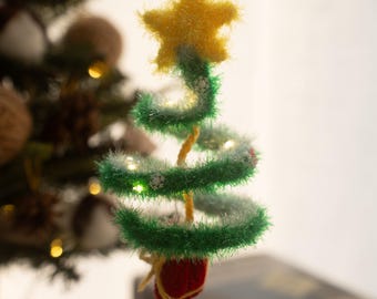 Light Up Crochet Christmas Tree Ornament Miniature Glowing Evergreen Hanging Decor Handwoven Holiday Sparkle Aesthetic Xmas Tree Unique Gift