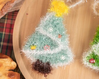 Cute Crochet Christmas Tree Soft Blue and White Stripe Pine Hanging Decor Artisan Whimsical Needlework Winter Bauble Icy Fusion Holiday Gift
