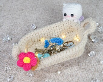 Miniature Crochet Pearl Harbor Trinket Basket Glimmering Blue Fish Gilded Harbor Kitty Shabby Dollhouse Fairy Garden Decor Coastal Ornament