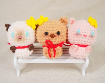 Crochet Forest Miniatures Cute Peachy Kitty Star-Kissed Siamese & Cocoa Bear Hand-Stitched Amigurumi Set Desk Buddies Nursery Keepsakes