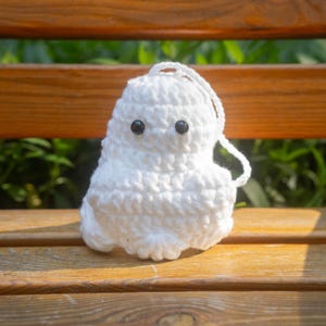 Può includere: Un fantasma bianco fatto a mano all'uncinetto con occhi a bottone neri. Il fantasma ha un anello in alto per appenderlo. Il fantasma è appoggiato su una superficie di legno con uno sfondo verde.